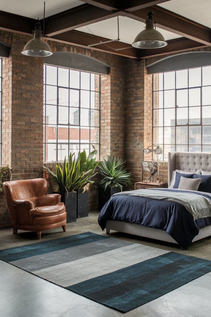 Blue Industrial Loft Bedroom