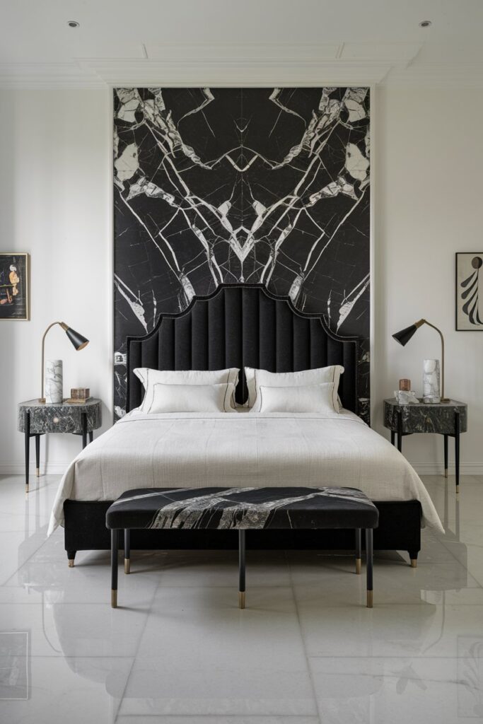 Chic Black and White Bedroom with Marble Accents