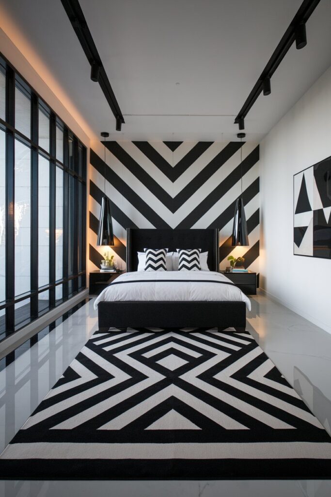 Modern Black and White Bedroom with Bold Geometric Patterns