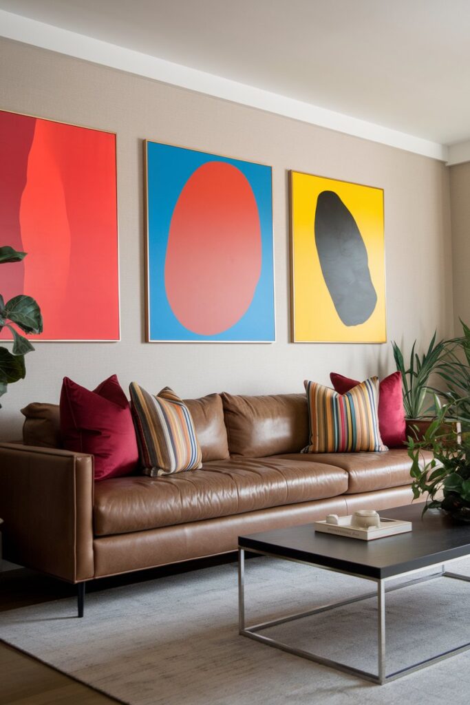 Brown Couch with Pops of Color Through Artwork