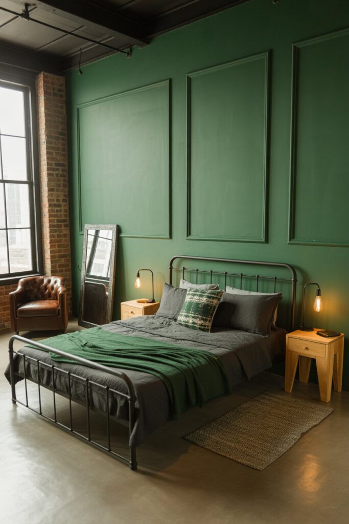 Green Bedroom with Industrial Touches