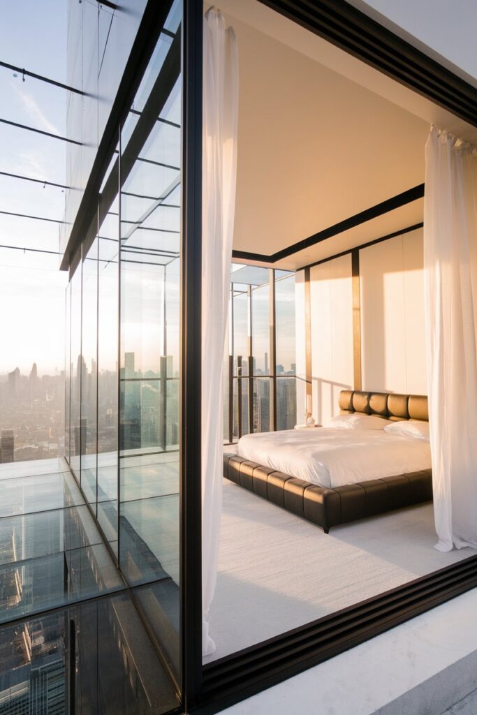 Black and White Bedroom with Floor-to-Ceiling Windows