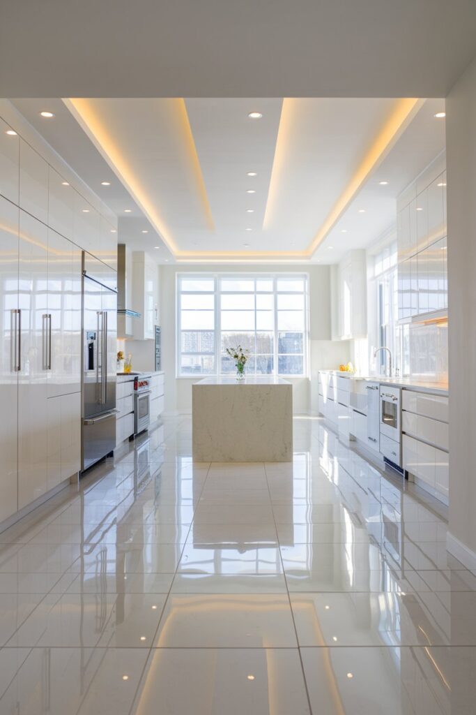 Glossy White Tile Kitchen Flooring