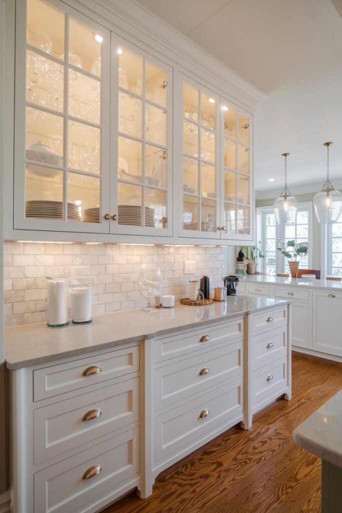White Kitchen with Glass-Front Cabinets