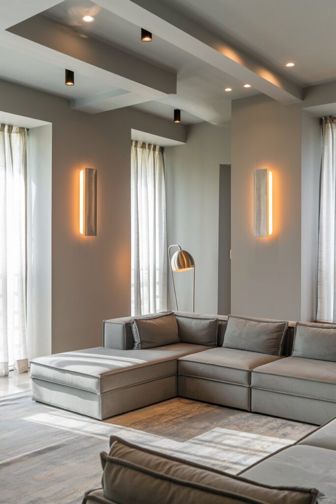 Grey Living Room with Layered Lighting for Depth