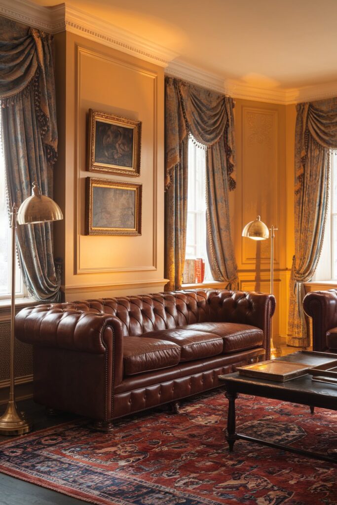 Traditional Living Room with a Brown Leather Sofa