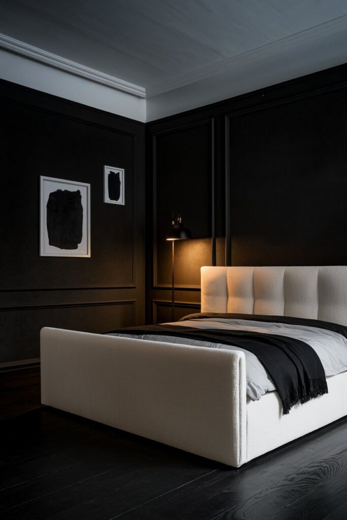 Dramatic Black and White Bedroom with Dark Walls