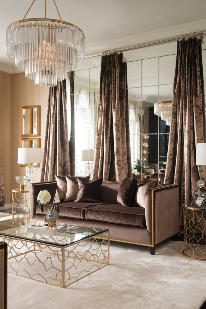Glam Living Room with a Brown Couch and Gold Accents