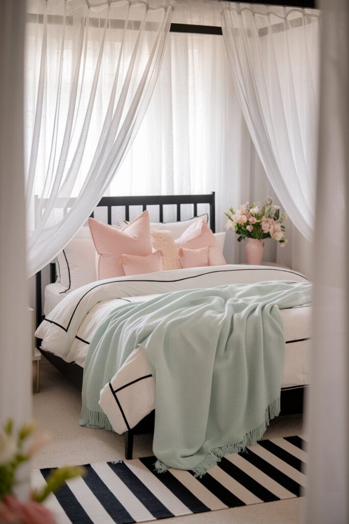 Soft Black and White Bedroom with Pastel Accents