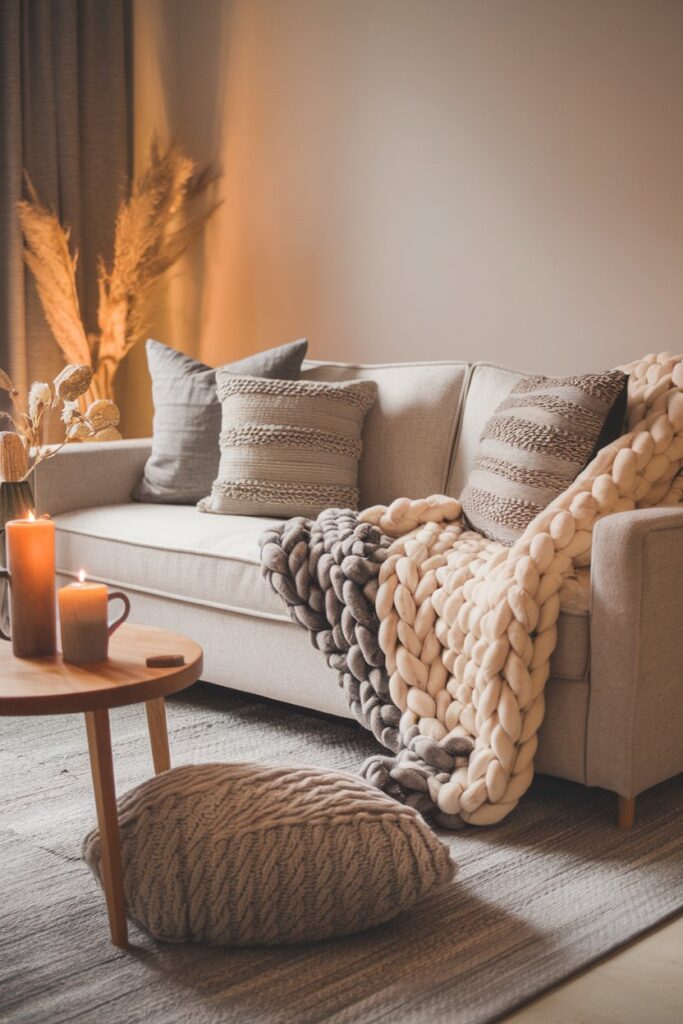 Grey Living Room with Cozy Textiles (Throws & Cushions)