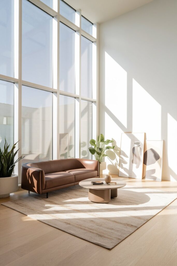 Brown Couch in a Light-Filled Room with Large Windows
