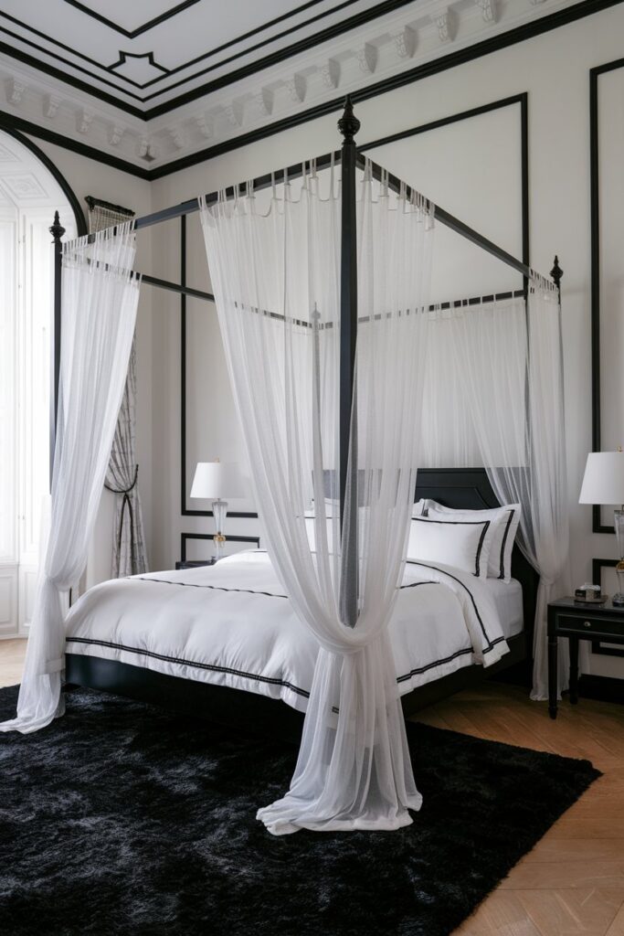 Black and White Bedroom with Canopy Bed