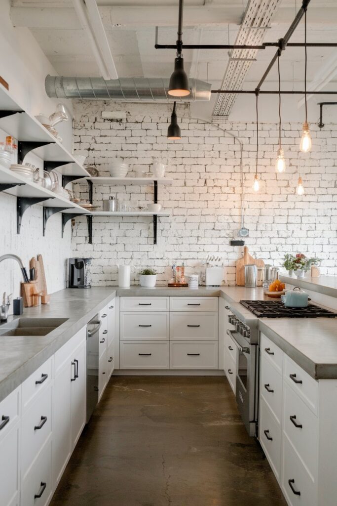 White Kitchen with Industrial Elements (Metal + Concrete)