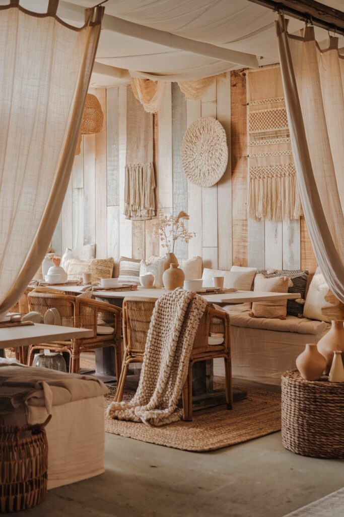 Farmhouse Dining Room with Layered Textures and Cozy Fabrics
