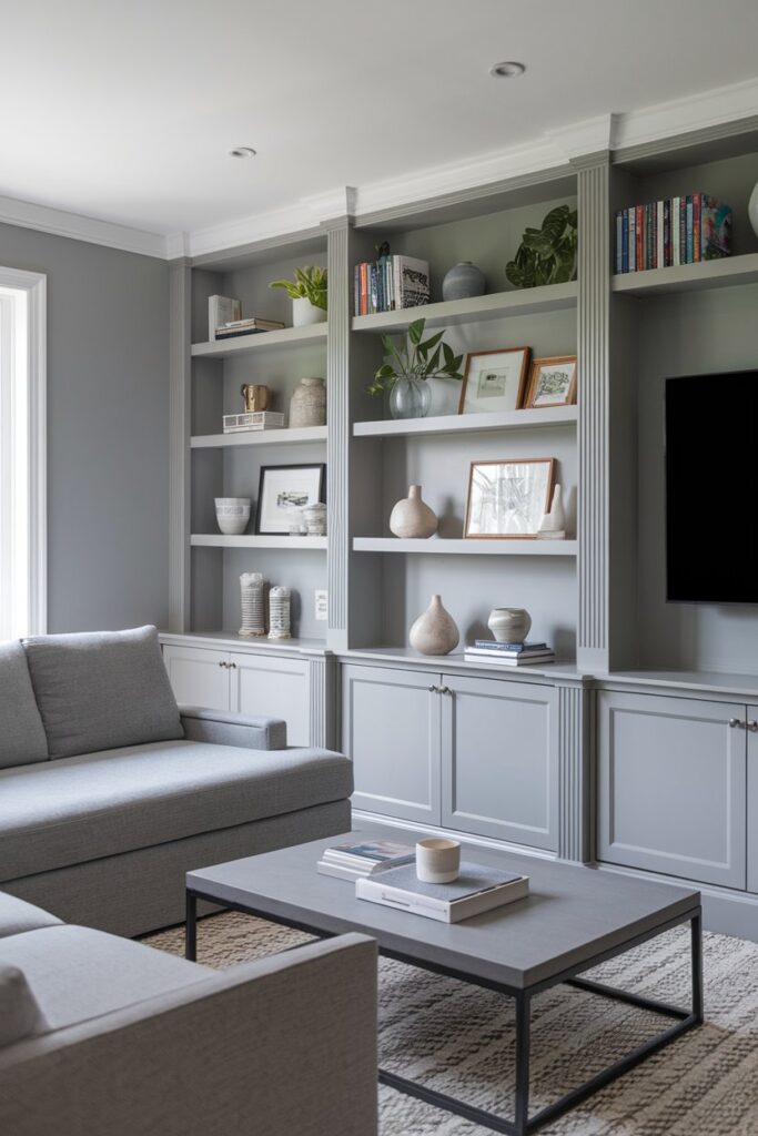 Grey Living Room with Built-in Shelving and Storage