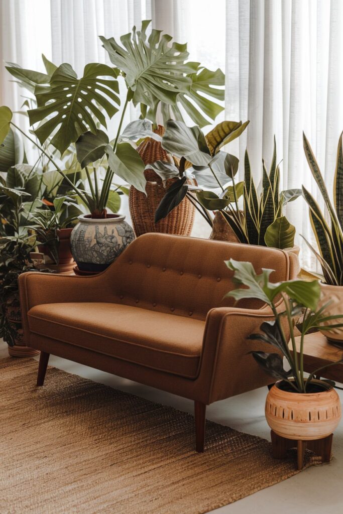 Brown Sofa Styled with Indoor Plants for a Fresh Vibe