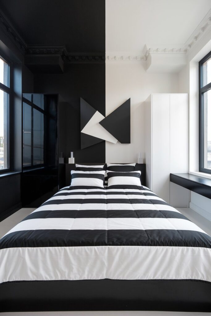 Two-Tone Black and White Bedroom with Balanced Color Blocks
