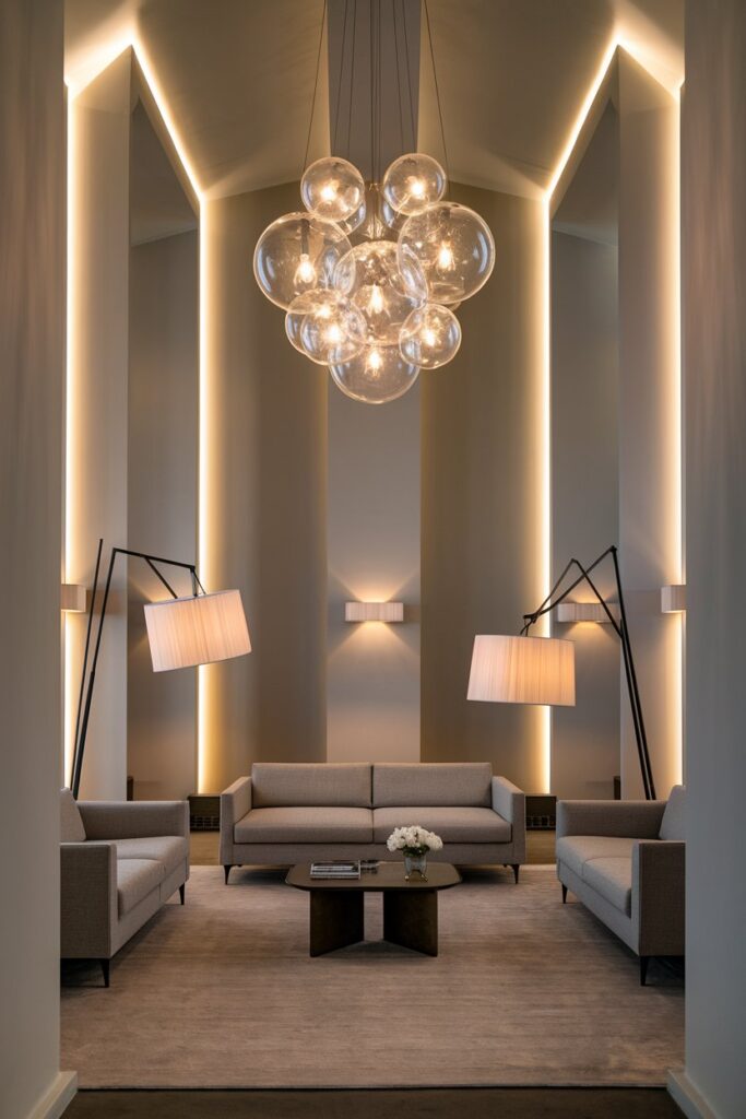 Grey Living Room with Statement Lighting Fixtures