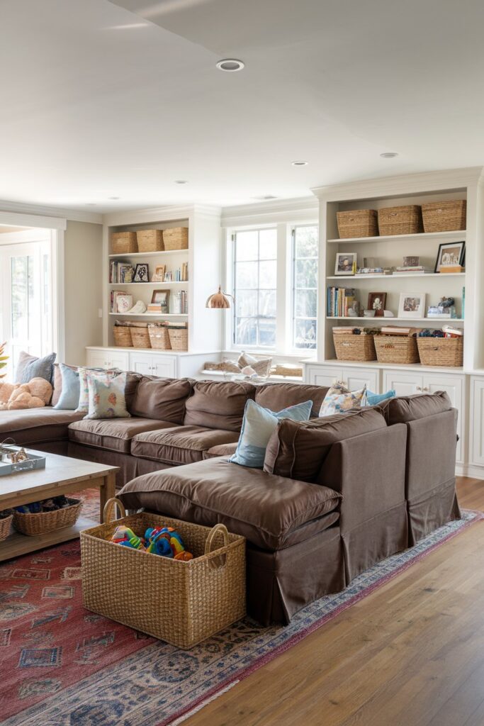Family-Friendly Living Room with a Brown Sectional