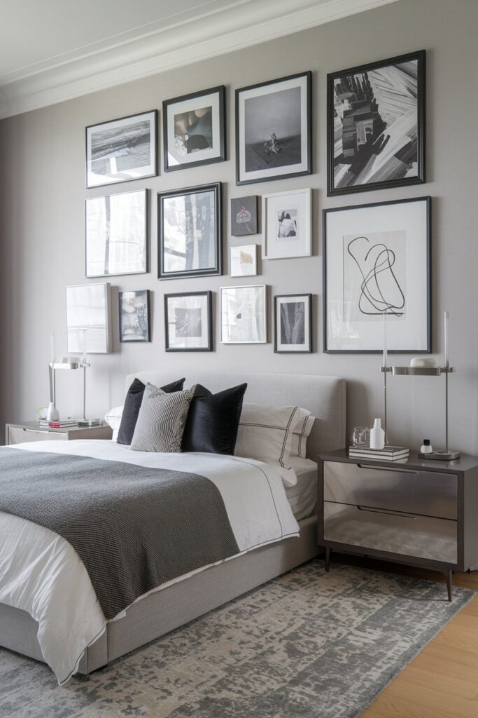 Grey Bedroom with Artwork Gallery Wall