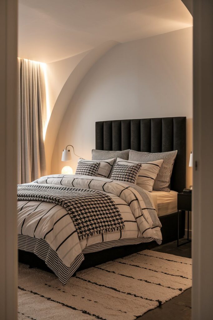 Black and White Bedroom with Layered Bedding Patterns