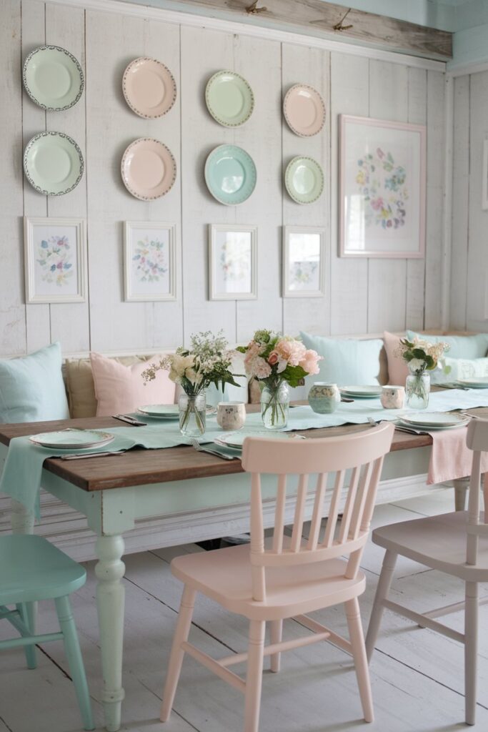 Farmhouse Dining Room with Pastel Accents
