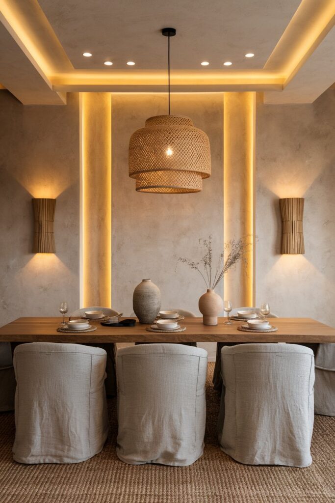 Japandi Dining Room with Layered Lighting