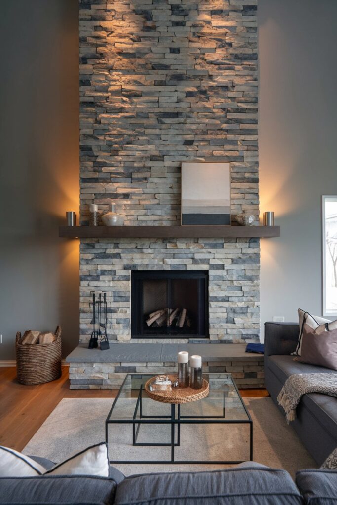 Grey and Natural Stone Fireplace as a Focal Point