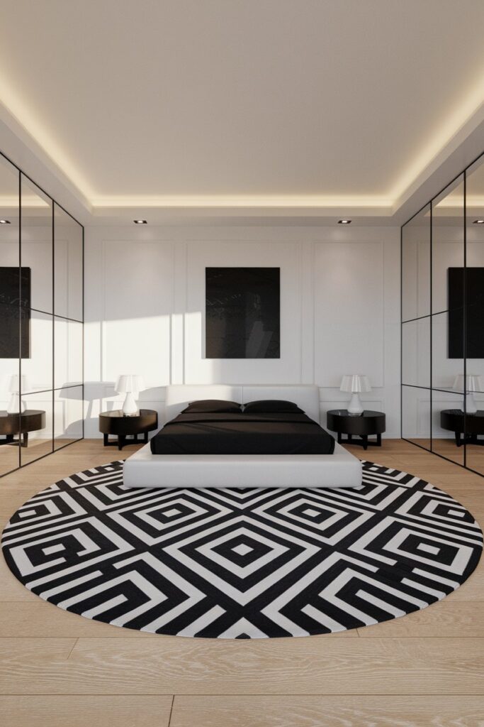 Black and White Bedroom with Statement Rug