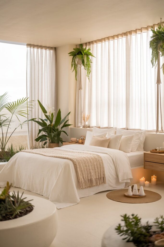 Spa-Inspired Bedroom with Calming Neutrals and Greenery