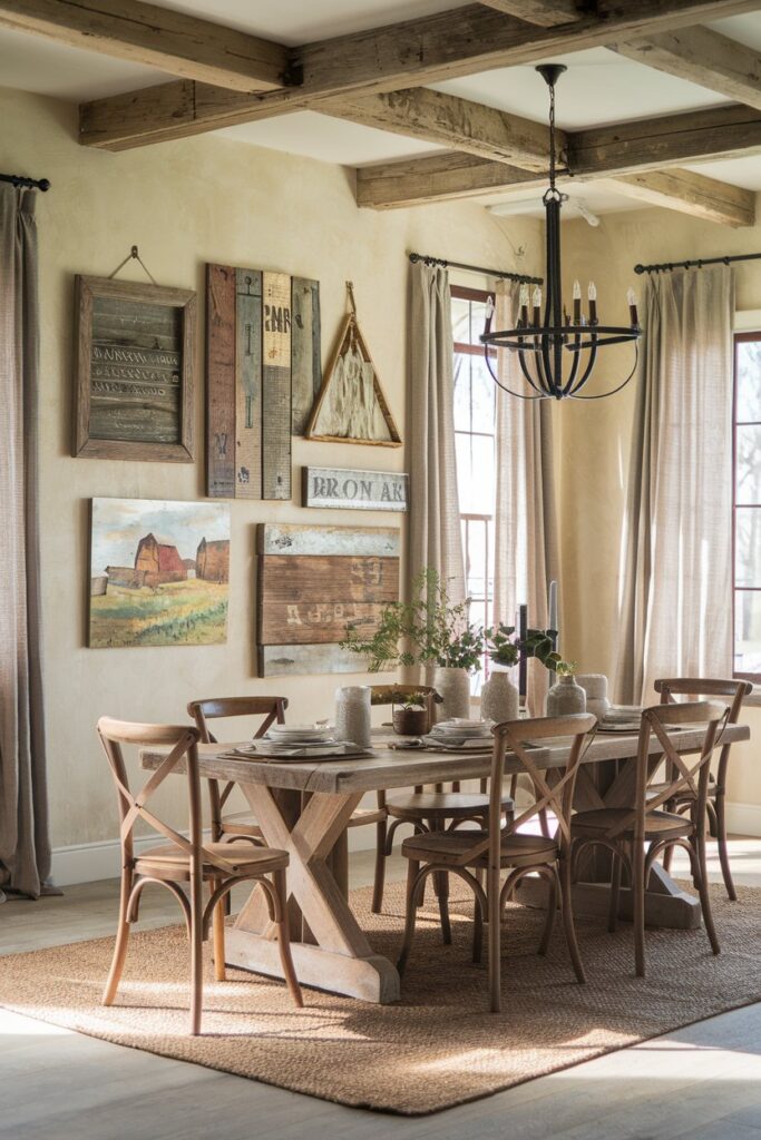 Farmhouse Dining Room with Rustic Wall Art