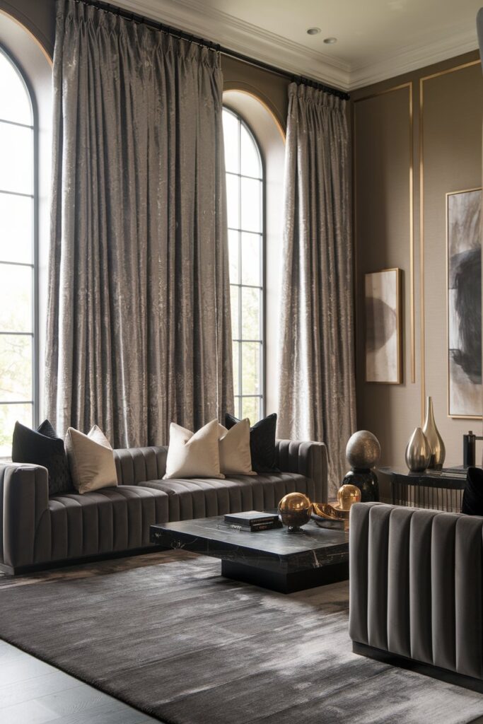 Grey Living Room with Floor-to-Ceiling Curtains