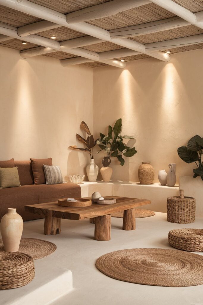 Brown Couch with Wooden Coffee Table for a Natural Look