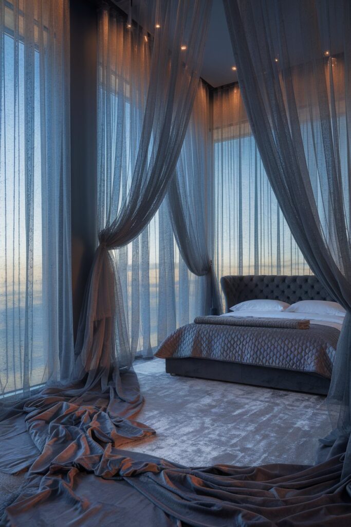Grey Bedroom with Floor-to-Ceiling Curtains