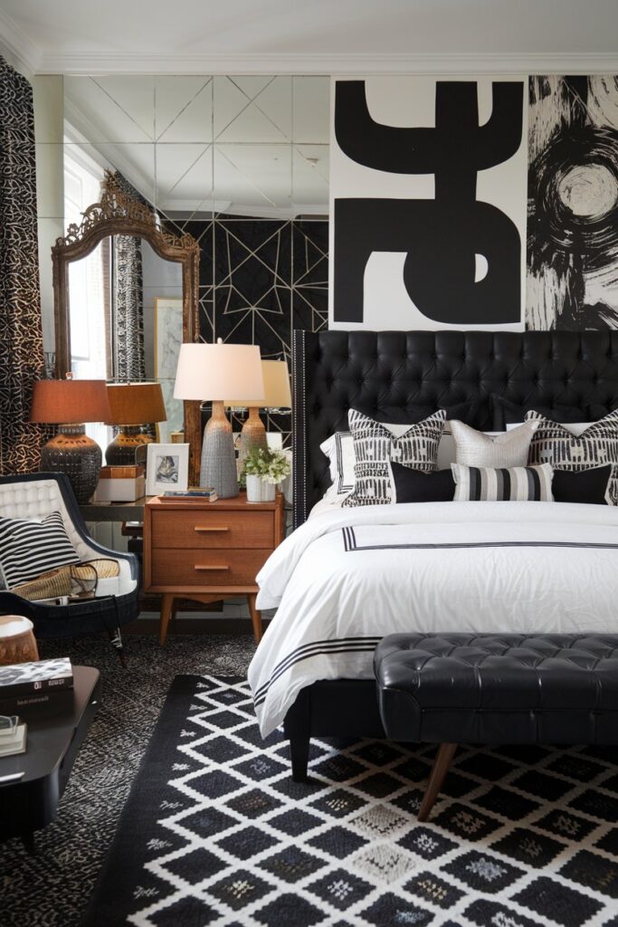 Eclectic Black and White Bedroom with Mixed Styles
