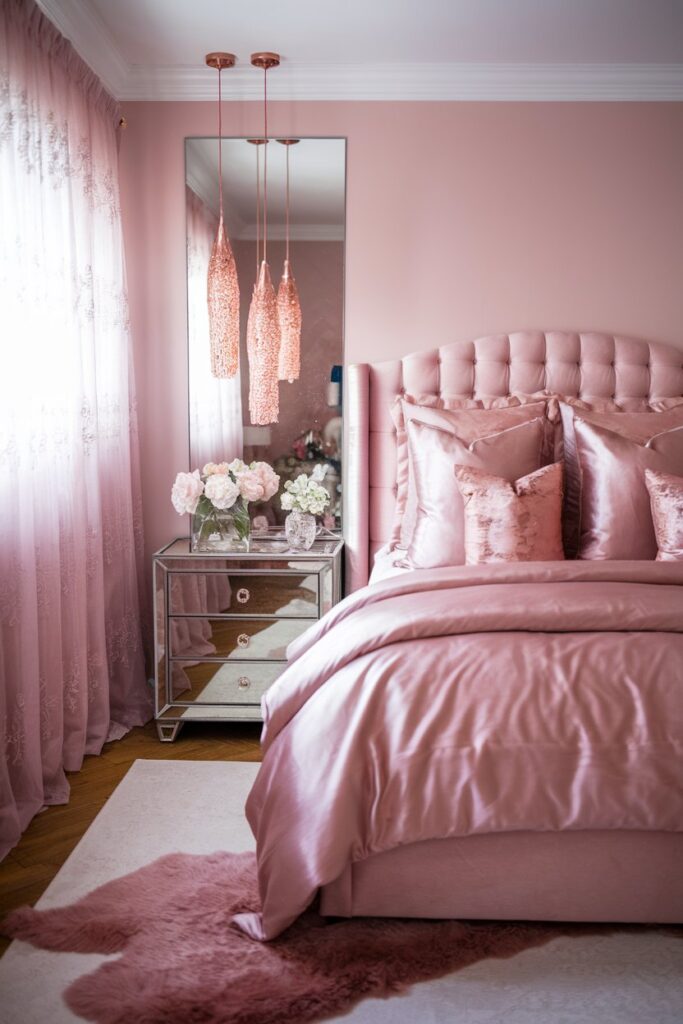 Romantic Bedroom with Soft Pink and Rose Gold Accents