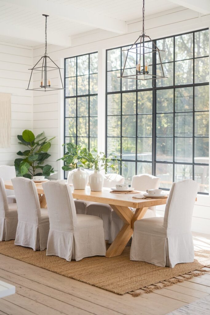 Farmhouse Dining Room with Oversized Windows and Natural Light