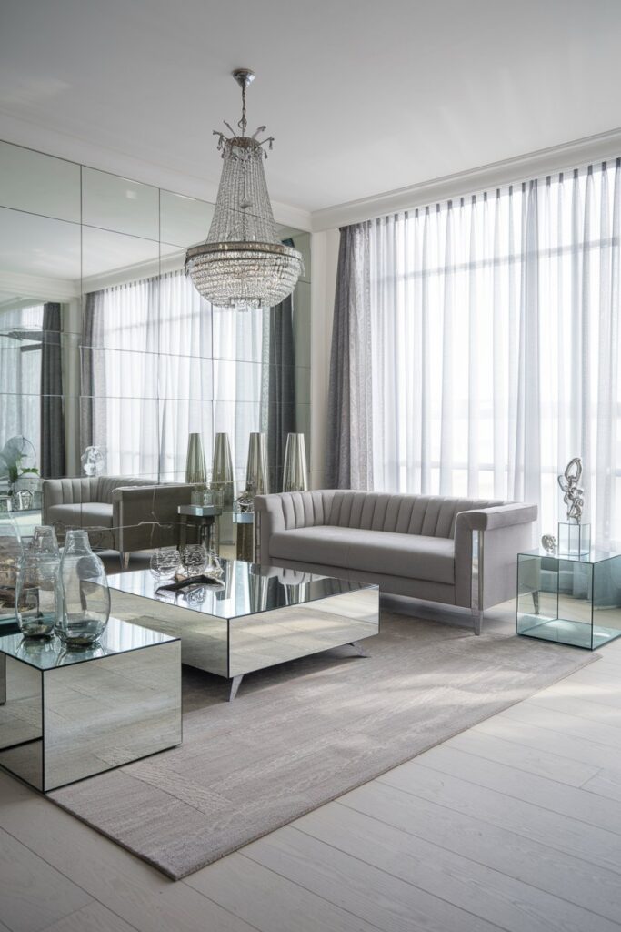 Grey Living Room with Glass and Mirror Accents for Openness