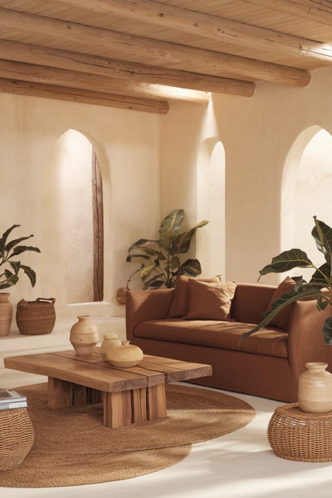 Brown Sofa with Black-and-White Decor for Contrast