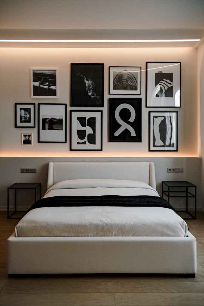 Black and White Bedroom with Gallery Wall