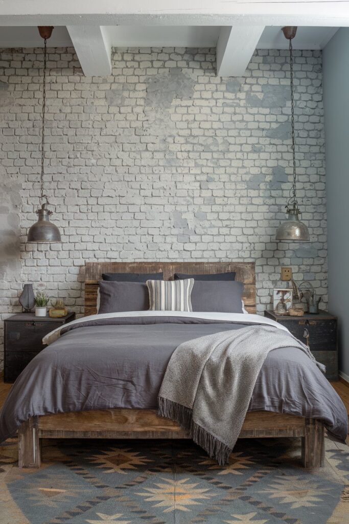 Grey Bedroom with Rustic Brick Wall