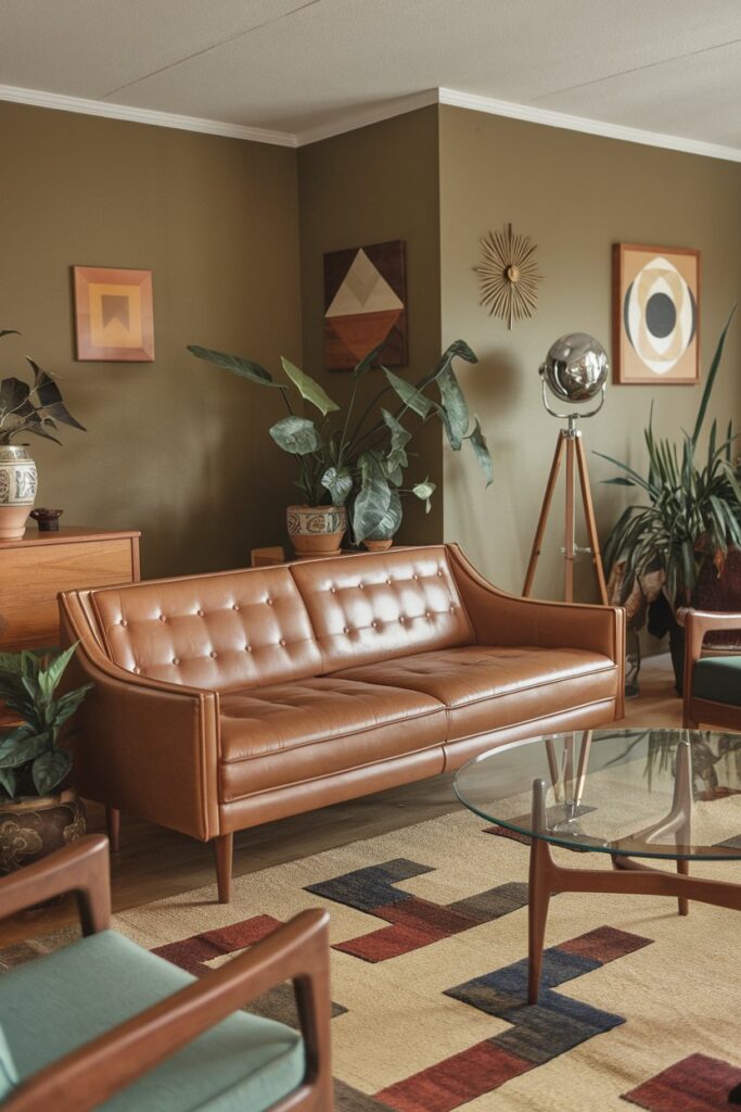 Mid-Century Modern Living Room Featuring a Leather Brown Sofa