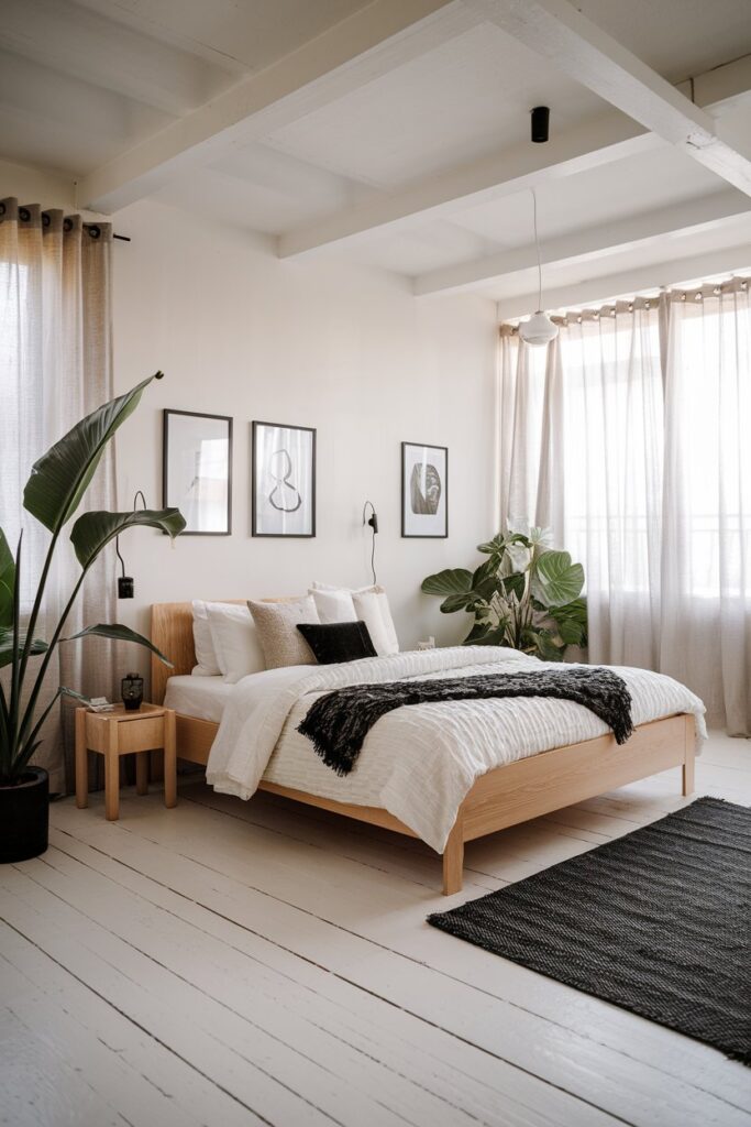 Scandinavian Black and White Bedroom with Natural Accents