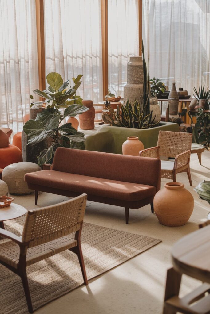 Outdoor-Inspired Living Room with a Brown Couch and Earth Tones