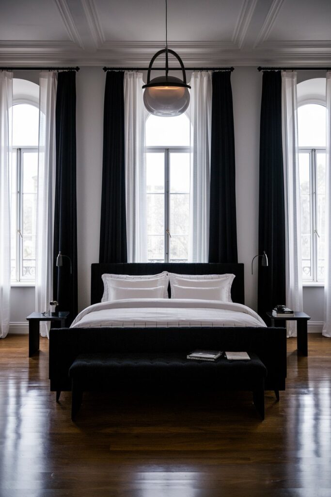 Black and White Bedroom with Contrasting Curtains and Drapes