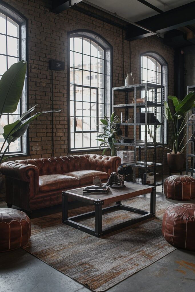 Industrial Style Living Room with a Brown Couch and Metal Accents