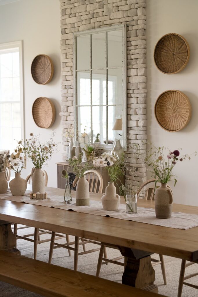 Farmhouse Dining Room with Exposed Wooden Beams