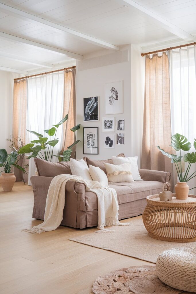 Scandinavian Living Room with a Brown Couch and Light Neutrals