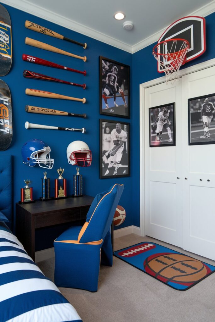 Sports-Themed Room with Wall-Mounted Gear Display