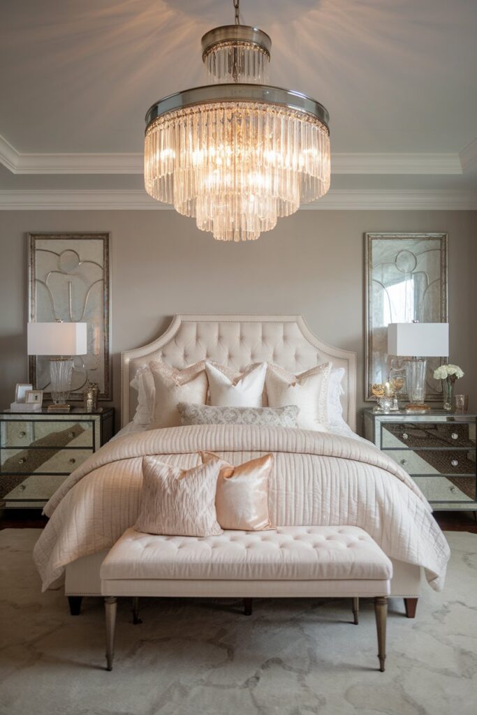 Crystal Chandelier Above the Bed for Glamorous Lighting